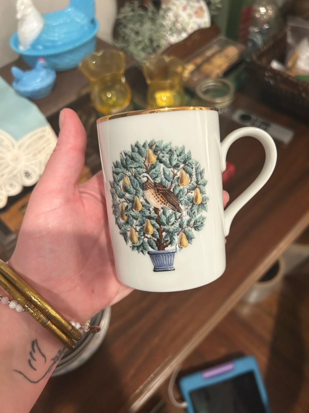 Porcelain Bird & Pear Tree Mug with Gold Rim